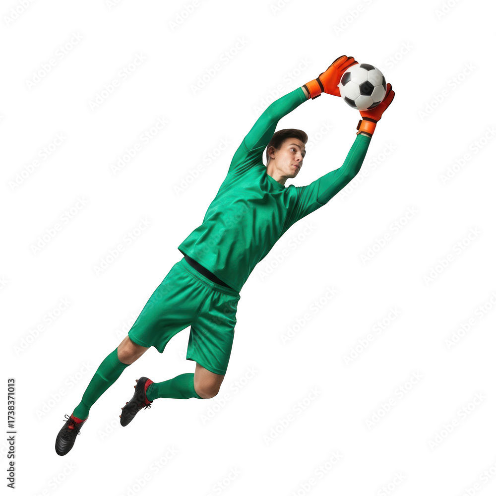 Fototapeta premium Goalkeeper in green uniform diving and catching soccer ball isolated on transparent background