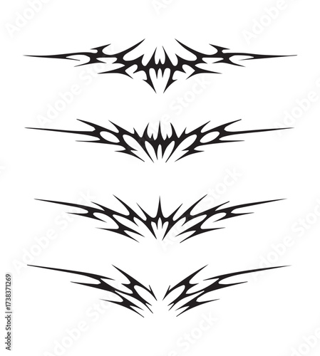 Neo tribal vector art pack. Y2k cyber sigil aesthetic tattoo, simmetric ethnic celtic shape. Vector illustration of emo gothic tribal tattoo designs, acid metal music poster