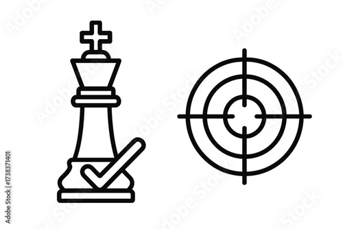 Strategic chess game success concept with king piece checkmate and target bullseye symbol, victory, precision, goal achievement, decision making, winning move, business strategy