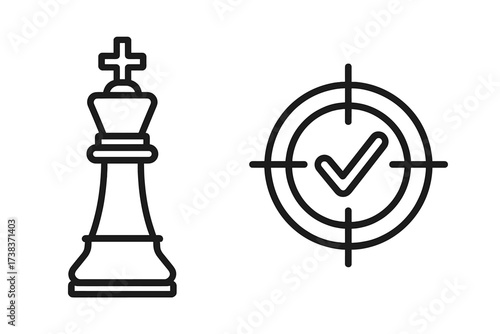 Chess King Piece and Target with Check Mark Symbol, Concept of Checkmate, Winning Strategy, Goal Achievement, Success, Precision, Victory Icon Vector Illustration