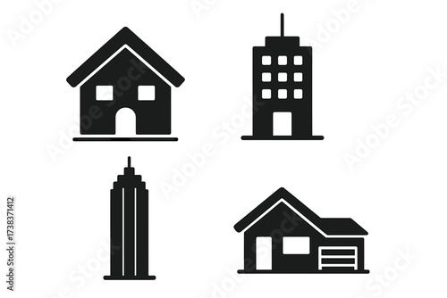 Vector illustration of real estate and architecture icons. Residential house, modern home with garage, office building, and skyscraper symbols for property and construction design.