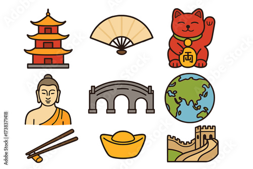 Asian culture and geography vector icons set, traditional Chinese pagoda, maneki-neko lucky cat, Buddha statue, fan, chopsticks, gold ingot, arched bridge, Great Wall, Earth globe