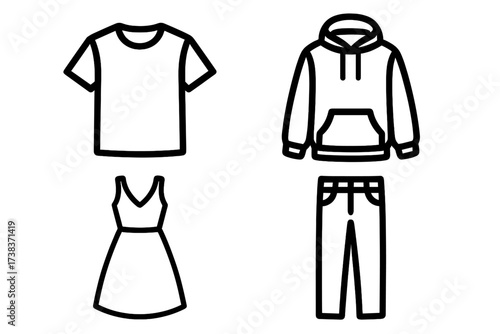 Vector set of clothing and apparel icons including T-shirt, dress, hoodie, and pants, simple clean outline design for fashion, garment, wardrobe, and casual wear illustration