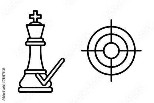 Strategic chess king with checkmark and aiming target symbol, business decision making, success concept, winning strategy, goal achievement, precision focus