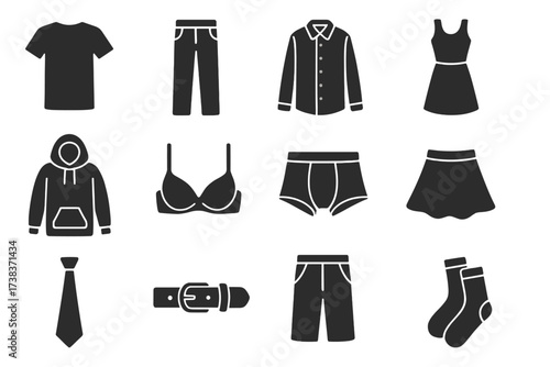 Vector Illustration of Clothing and Apparel Icons Set, Including T-Shirt, Jeans, Shirt, Dress, Hoodie, Bra, Underwear, Skirt, Tie, Belt, Shorts, Socks, Fashion Accessories Collection