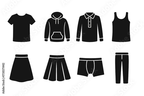 Vector set of black clothing and apparel icons including t-shirt, hoodie, polo shirt, tank top, skirts, boxer shorts, and pants silhouette design for fashion and wardrobe graphics
