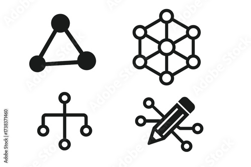 Abstract connection and design logo vector icons, network nodes and creative pencil linked concept symbols, technology and communication graphics set