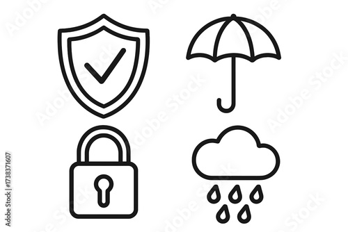 Vector illustration of protection and security icons with shield, lock, umbrella, and rain cloud. Safety and closed concept, security symbols and insurance design elements.