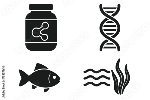 Protein supplement container, DNA helix, seafood fish, and seaweed vector icons set. Illustration of nutrition, genetics, marine life, and aquatic plants, health and biology concepts.