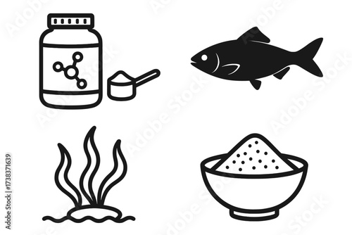 Protein supplement powder jar with scoop, fish, seaweed, and bowl of fish food powder icons. Nutrition and marine life vector illustration for health, diet, and aquatic food concept.