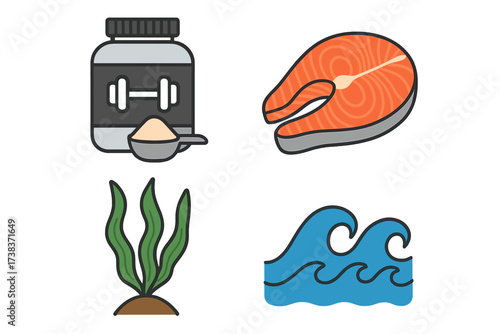 Protein supplement and seafood vector set, including whey powder container, fresh salmon steak, seaweed plant, and ocean waves illustration for health and nutrition design