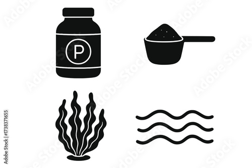 Protein supplement container with powder scoop and seaweed. Marine nutrition concept with algae and water waves vector icons. Health, fitness, dietary supplements symbol set.