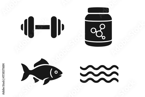Fitness and nutrition concept vector with dumbbell, protein supplement, fish and water waves symbols, healthy lifestyle and muscle building icons