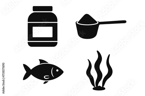 Protein supplement and sea life vector icons set. Protein powder container, measuring scoop with powder, fish silhouette, seaweed icon. Nutrition, diet, aquatic and marine food elements.