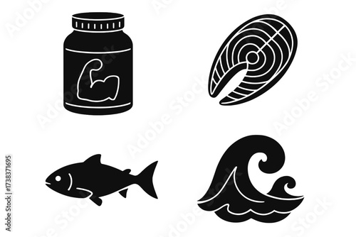 Vector set of protein supplement jar with muscle icon, fresh fish silhouette, fish steak slice, and stylized ocean wave logo elements for health and sea food concepts
