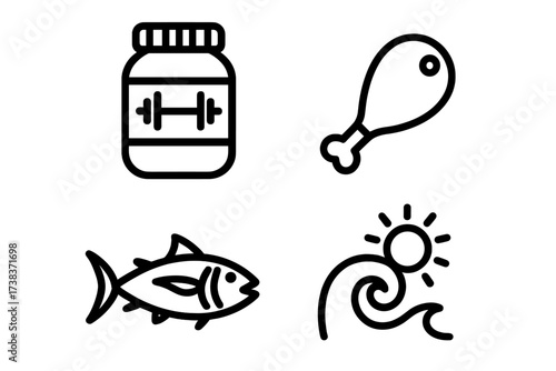 Protein supplement jar with dumbbell icon, chicken leg, fish, and sunny sea wave symbols, fitness nutrition and healthy diet vector illustration