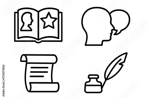 Storytelling icons vector set with open book silhouette, speech bubble conversation, ancient scroll, ink bottle and feather pen writing concept illustration
