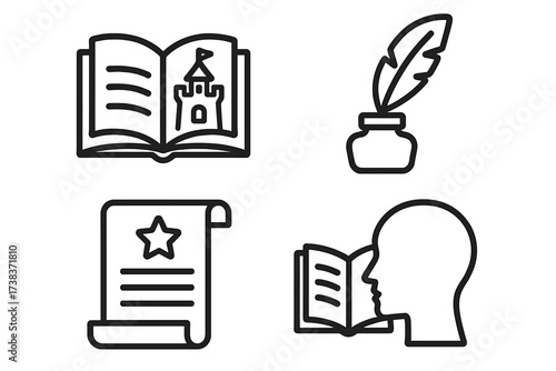 Vector story icons set with open book castle, ink and quill, official parchment scroll, and person reading book, education, literature, writing, reading concepts