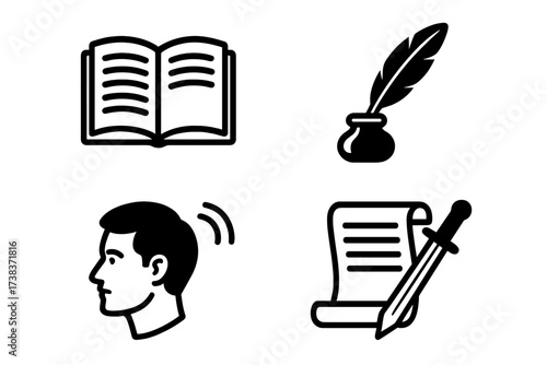 Vector set of storytelling icons including open book, quill and ink bottle, thoughtful human profile, and document with pen for creative writing and literature