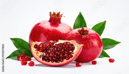 Pomegranates Still Life Featuring Two Whole Fruits One Slice with Seeds and Fresh Green Leaves on Pure White Background in Studio Lighting