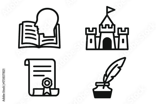Vector Icons Set of Storytelling Elements and Items. Head Silhouette with Book, Castle with Flag, Certificate Scroll, Feather Quill and Ink Pot. Fairy Tale Illustration Design, History, Writing Tools
