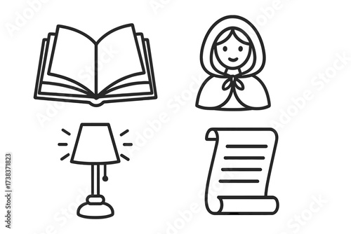 Storytelling icons collection. Book, fairy tale girl with hood, glowing lamp, written scroll. Vector outline set for literature, reading, narrative, folklore, writing, bedtime stories, imagination