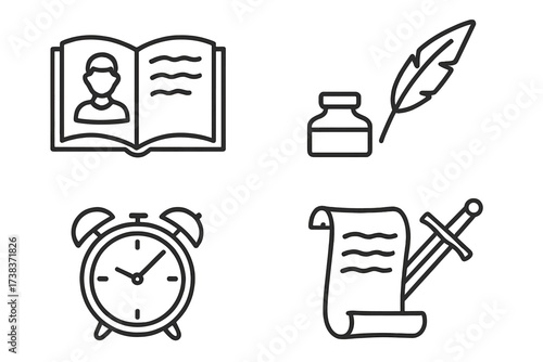 Vintage story icons set with open biography book, ink bottle and feather quill, classic alarm clock, and medieval scroll with sword, historical writing elements