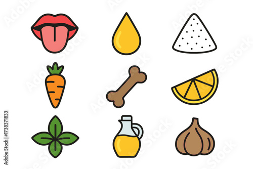 Taste and seasoning vector icons set including tongue, oil drop, salt, carrot, meat bone, lemon slice, basil leaf, vinegar bottle, and garlic for cooking and flavoring design