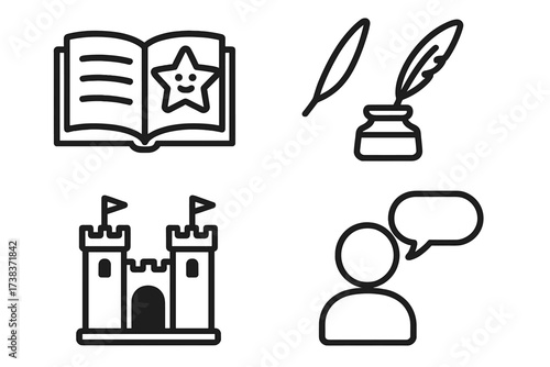 Story and fairy tale icons set, including open book with star, quill pen and inkpot, medieval castle with flags, and speaking person symbol, vector illustration design for storytelling concepts