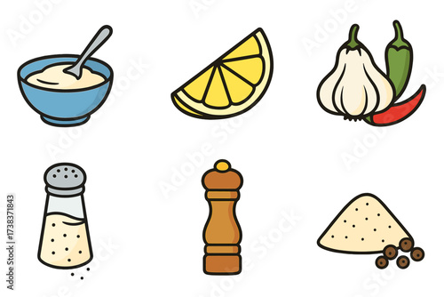 Vector illustration of taste and seasoning icons including creamy sauce, lemon slice, garlic and chili peppers, salt shaker, pepper mill, and ground spices for cooking and culinary design