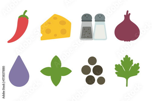 Colorful vector set of taste and seasoning icons including chili pepper, cheese, salt and pepper shakers, garlic, grape drop, basil leaf, peppercorns, and parsley for cooking and food design