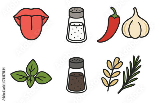 Taste and seasoning icons vector set. Flavor senses illustration with tongue, salt, chili pepper, garlic, basil, pepper, and herbs. Cooking, food, spice concept design.