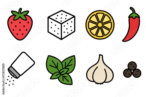 Colorful vector illustration of taste and seasoning icons including strawberry, sugar cube, lemon slice, chili pepper, salt shaker, basil leaves, garlic bulb, and peppercorns, food flavor set