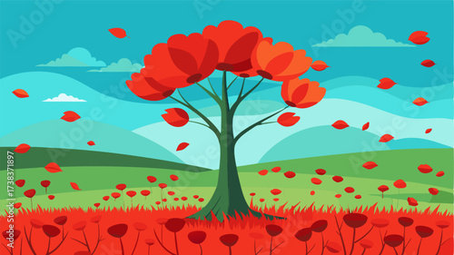 A solitary tree stands tall in the midst of the poppy fields its vibrant red leaves blending in with the surrounding flowers.