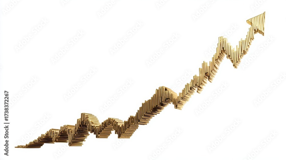 Fototapeta premium A rising stock graph clipart, finance element, 3D metallic illustration, gold accents, isolated on white background.