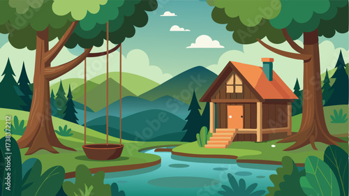 A rustic cottage tucked away in the midst of a lush forest with a small pond and a wooden swing hanging from a tree.