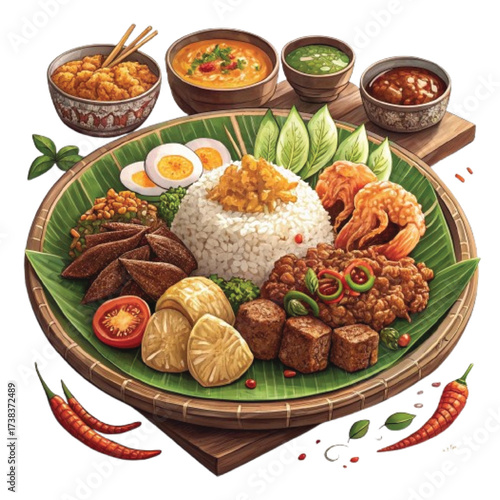 Nasi lemak, a fragrant rice dish cooked in coconut milk and pandan leaf, served with fried chicken, egg, cucumber, peanut, anchovy, and sambal, a spicy chili sauce, isolated on white background