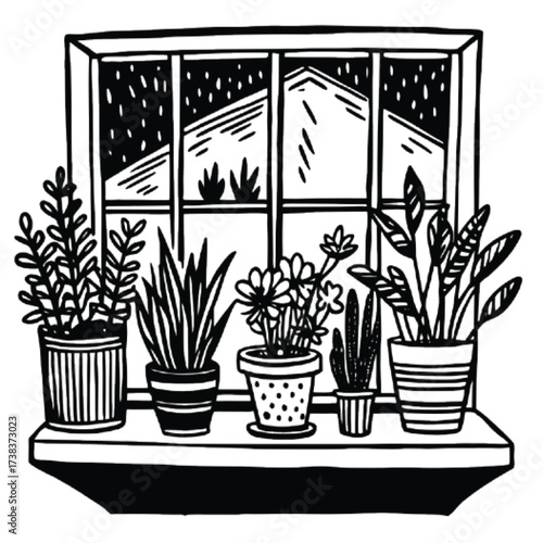 Hand drawn illustration of a window with potted plants on the windowsill, creating a cozy and inviting indoor scene, perfect for adding a touch of nature to any design, isolated on white background