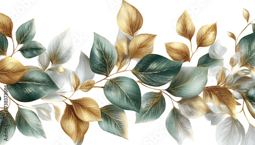 Elegant botanical arrangement featuring golden teal and ivory leaves on a delicate branch presented on a clean white background