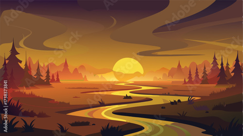As the sun sets the mist in the swamp takes on a golden hue casting a mystical glow on the damp earth and winding waterways.