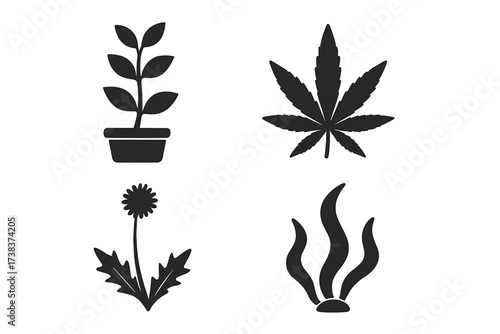 Vector design collection of plant and weed symbols including potted plant, cannabis leaf, dandelion flower, and seaweed silhouette, botanical nature signs