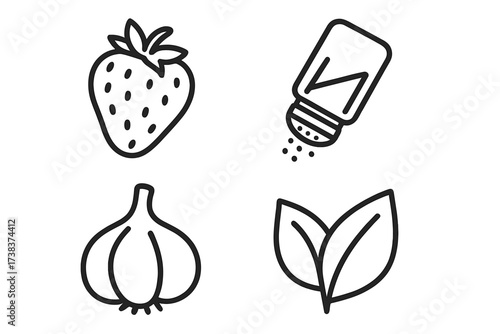 Taste and seasoning black line icons set with strawberry, salt shaker, garlic, and fresh leaves natural flavor ingredients design elements for food branding
