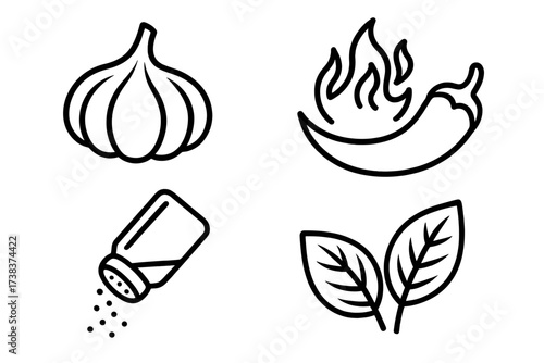 Taste and seasoning vector logo set, garlic, chili pepper with fire, salt shaker pouring, and aromatic leaves icons, culinary spices and flavor ingredients collection for cooking and food design