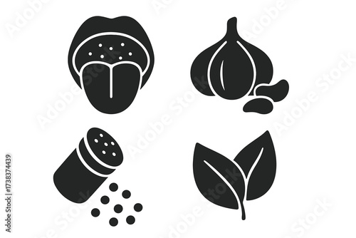 Taste and seasoning vector logo set. Tongue taste sense with spices, garlic, salt shaker, flavor seasoning icons. Culinary seasoning collection for food seasoning concepts