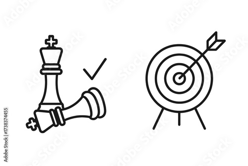Strategic checkmate victory and precision target with arrow bullseye. Chess king winning move, check mark success. Archery target practice, accuracy and goal achievement concept, strategy and focus