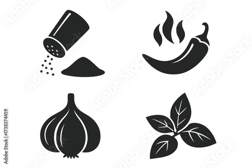Vector design of taste and seasoning logo set including salt shaker with spilled salt, hot chili pepper with heat waves, garlic bulb, and fresh basil leaves icons for cooking and food flavor concepts