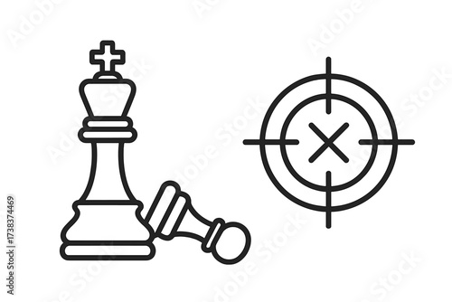 Checkmate concept chess pieces with king and pawn, strategy board game symbol, victory and defeat idea, game tactics, target focus icon, competition winning sign