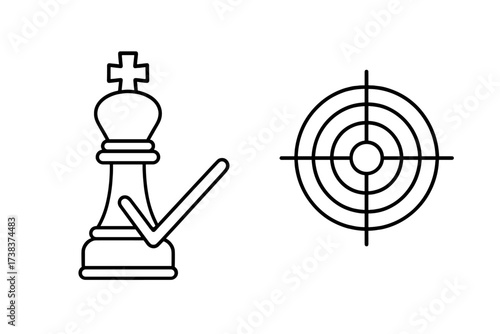 Vector illustration of chess king piece checkmate symbol with check mark and target aim icon, strategy, success concept, winner, victory, goal achievement, game plan, focus