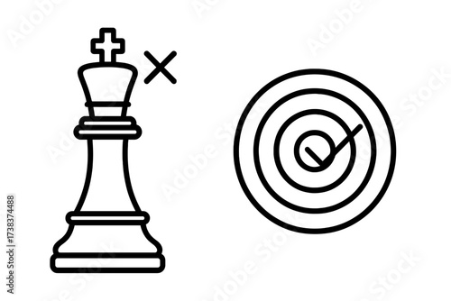 Vector illustration of checkmate chess king and target symbol, strategy concept with check mark, success, victory, goal achievement, business planning, winning game elements