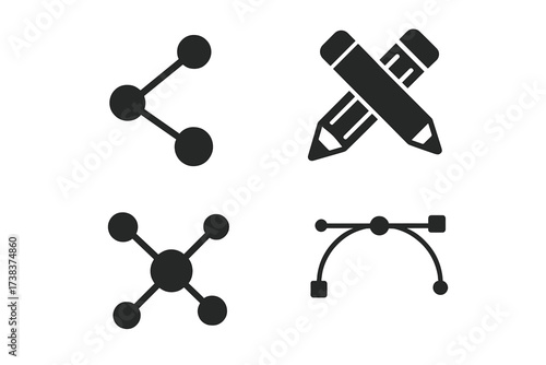Vector icons set of connection, sharing, creativity and design tools. Abstract network links, share symbol, drawing pencil and Bézier curve icons. Digital design, communication concept
